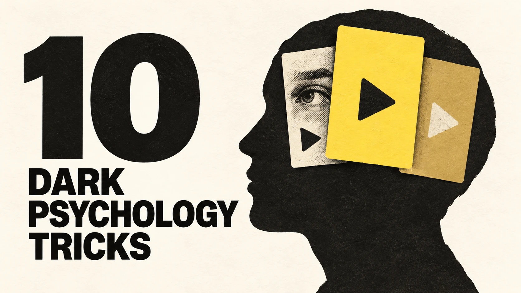 Editorial illustration of a head filled with video frames beside the words 10 Dark Psychology Tricks.