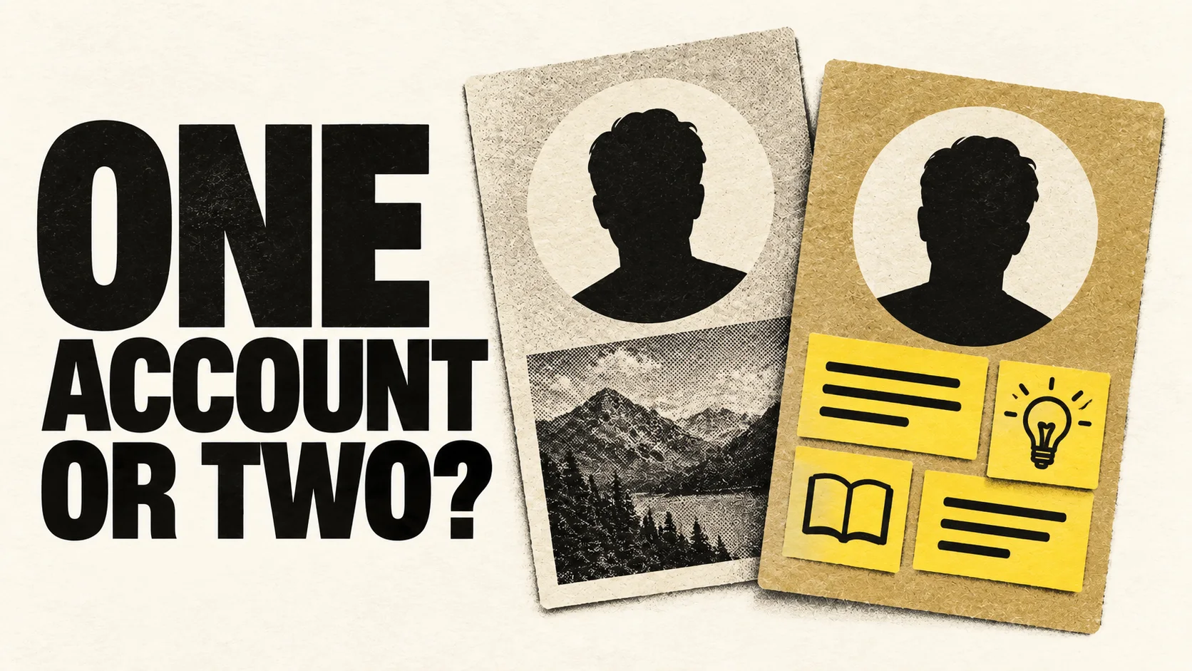 Two paper profile cards explore the choice between one account and two.